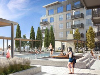 Zen courtyard with outdoor pool, hot tub, and sundeck